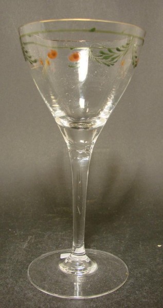 Jugendstil - Weinglas mit Emailbemalung, wohl Regenhütte um 1910.