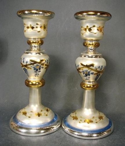 Bauernsilber / Silberglas 2 Kerzenleuchter, 19.Jh.