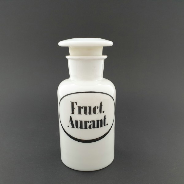 Apothekenflasche "Fruct.Aurant.". Milchglas, 19.Jh.