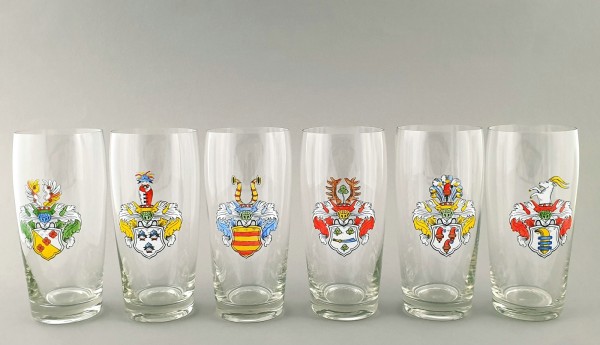 6 Biergläser mit Wappen.