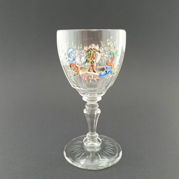 Pokalglas / Weinglas mit Kavalier in Emailbemalung. Meyr's Neffe / J. & L. Lobmeyr, Wien, um 1876.